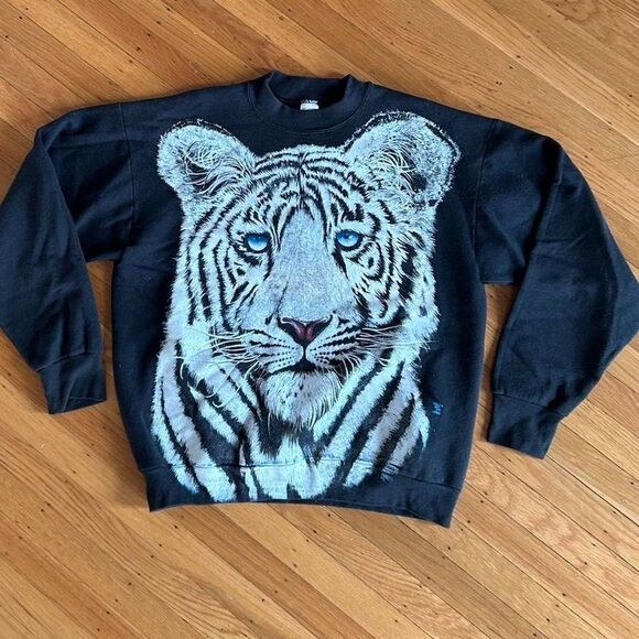90s Vintage Snow Tiger Black Overprint Crewneck Pullover Sweatshirt Large Mens - Picture 5 of 5